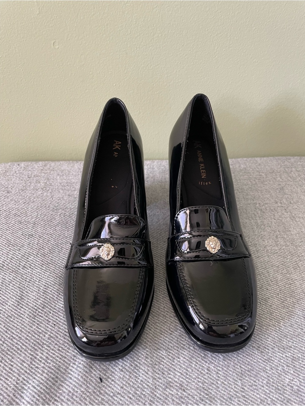 Anne Klein Black Patent Loafers with Rhinestone Medallion